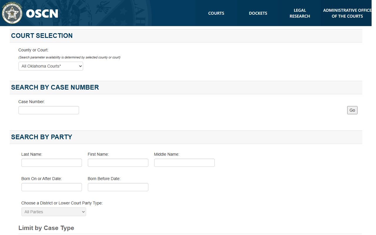 OSCN docket search page used for Oklahoma County court records