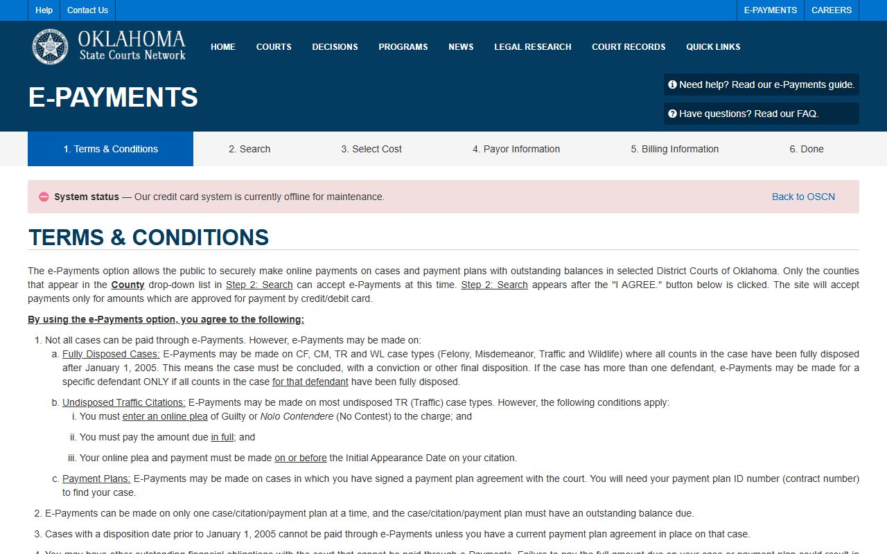 Oklahoma court ePayments portal for Oklahoma County court costs