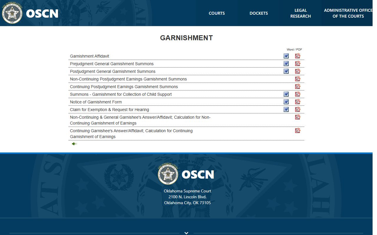 Oklahoma AOC garnishment forms linked by the Court Clerk