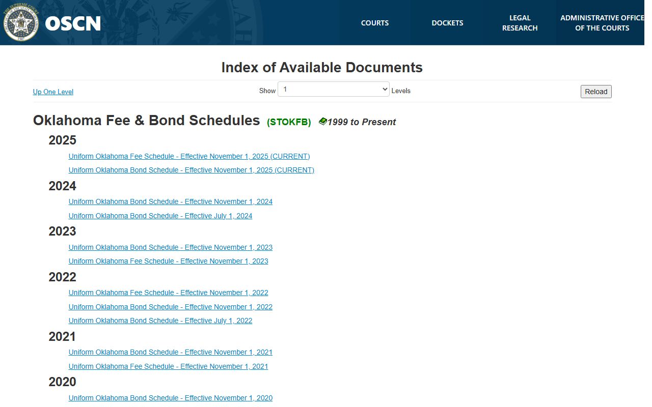 OSCN fee and bond schedule for Oklahoma County court records